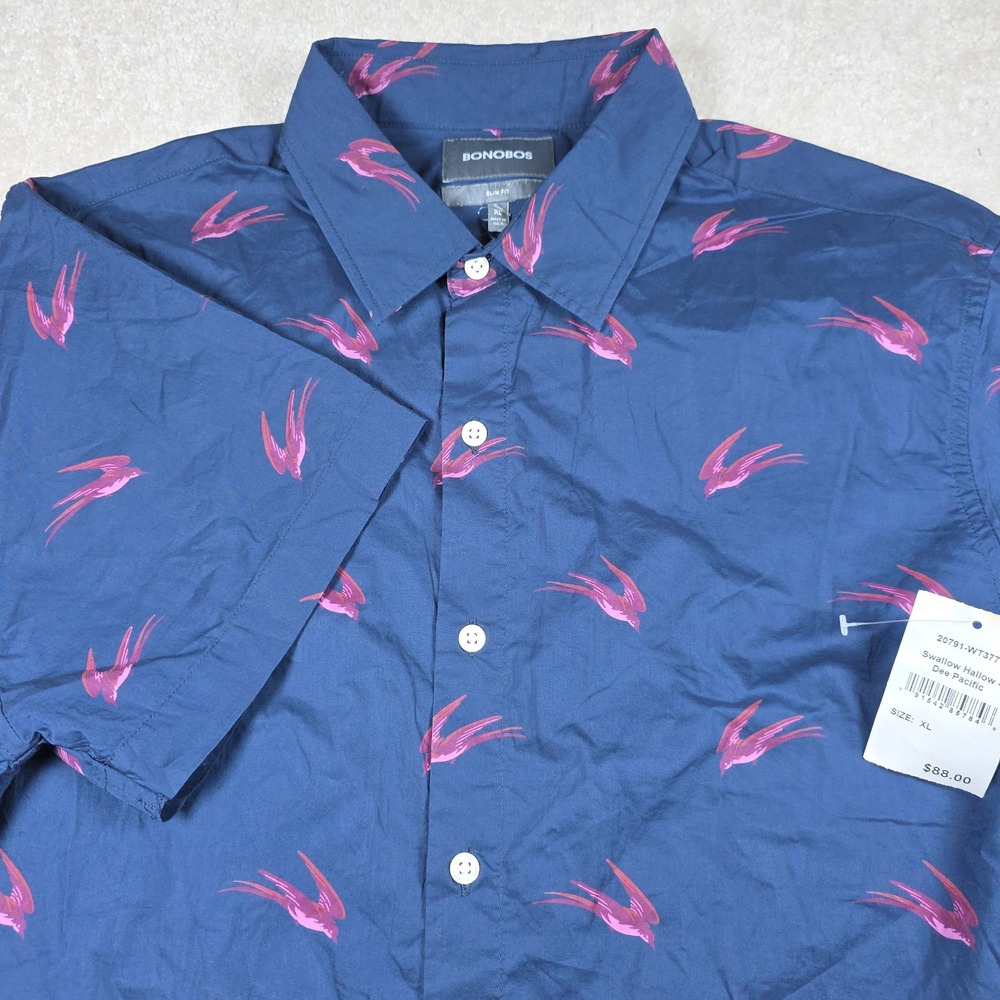 Bonobos Shirt Mens XL Slim Blue Pink Swallow Hallow Bird Print Short Sleeve NWT